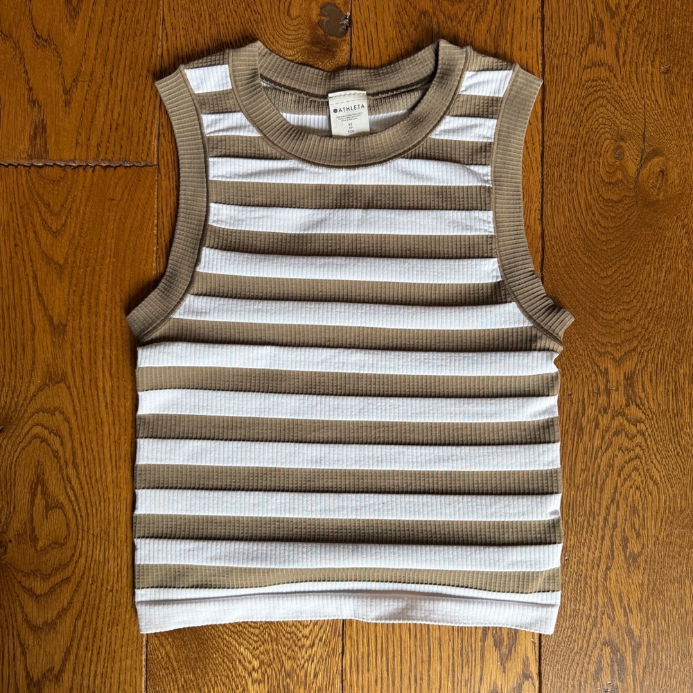 Like New Athleta Renew Muscle Tank Tan and White Striped, Size XS